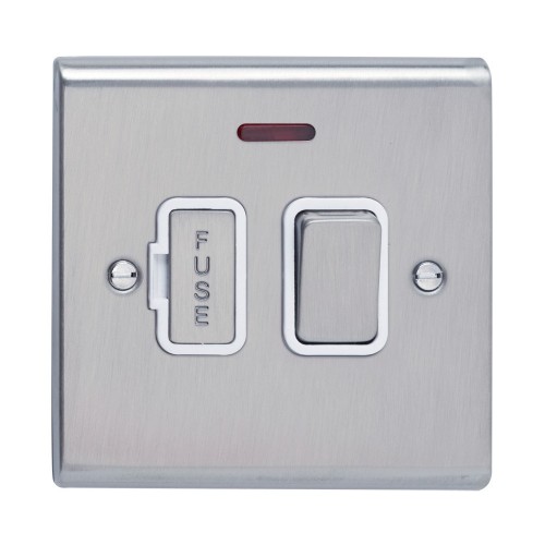 Deta SD1371SSW Slimline Decor Stainless Steel Screwed Double Pole Switched Fused Connection Unit With Neon, Capped Rocker + Fuse Cover & White Insert