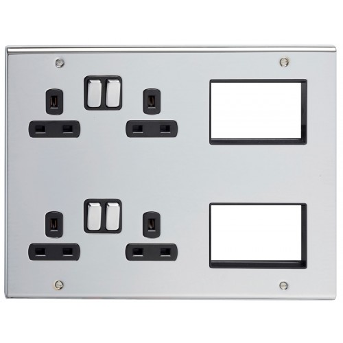 Deta SD1975CHB Slimline Decor Chrome Screwed Multimedia Lounge Plate With 2 x 2 Gang 13A Sockets, 2 x 3 Euro Module & Black Inserts 13A