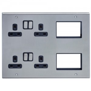 Deta SD1975SSB Slimline Decor Stainless Steel Screwed Multimedia Lounge Plate With 2 x 2 Gang 13A Sockets, 2 x 3 Euro Module & Black Inserts 13A