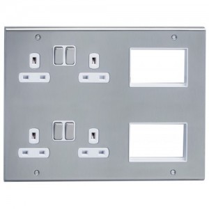 Deta SD1975SSW Slimline Decor Stainless Steel Screwed Multimedia Lounge Plate With 2 x 2 Gang 13A Sockets, 2 x 3 Euro Module & White Inserts 13A