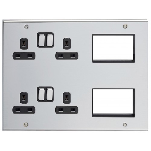 Deta SD1978CHB Slimline Decor Chrome Screwed Multimedia Lounge Plate With 2 x 2 Gang 13A Sockets, BT Secondary Socket & 4 Euro Module Spaces 13A