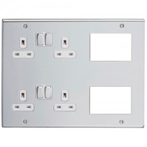Deta SD1978CHW Slimline Decor Chrome Screwed Multimedia Lounge Plate With 2 x 2 Gang 13A Sockets, BT Secondary Socket & 4 Euro Module Spaces 13A