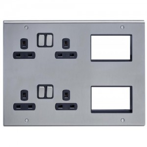 Deta SD1978SSB Slimline Decor Stainless Steel Screwed Multimedia Lounge Plate With 2 x 2 Gang 13A Sockets, BT Secondary Socket & 4 Euro Module Spaces
