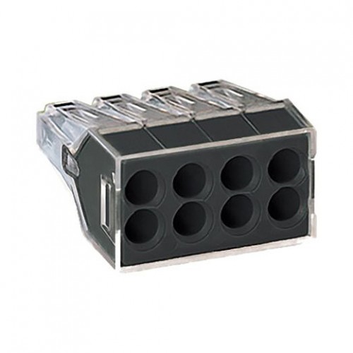 Wago 773-108 Transparent 8 Pole Push Wire Connector With Dark Grey Cover For Junction Boxes (Pack Size 50) 24A 400V 0.75mm² - 2.5mm²