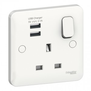 Schneider Electric GGBL30102USBAS Lisse White Moulded 1 Gang Single Pole Switched Socket With 2 x 2.1A USB Charging Sockets 13A