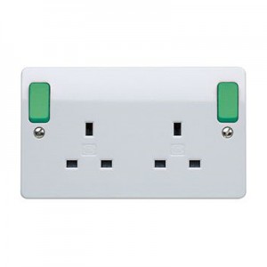MK Electric K2746D2WHI Logic Plus White Moulded 2 Gang Double Pole Switched Socket With Neon, Green Outboard Rockers & Dual Earth 13A