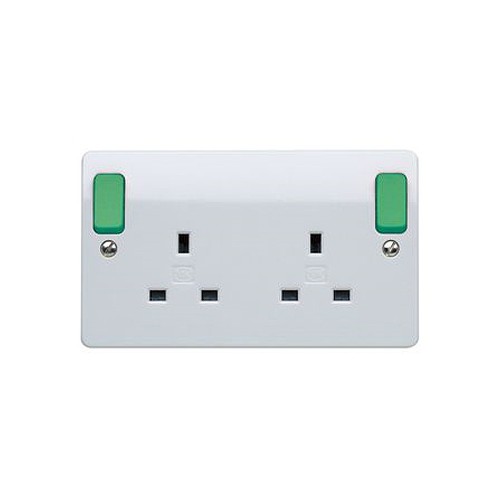 MK Electric K2746D2WHI Logic Plus White Moulded 2 Gang Double Pole Switched Socket With Neon, Green Outboard Rockers & Dual Earth 13A