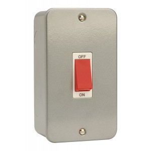 Scolmore CL202 Essentials Metalclad DP Control Switch With Red Rocker & Mounting Box On Large 2 Gang Vertical Plate 45A