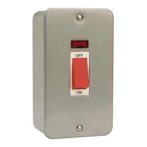 Scolmore CL203 Essentials Metalclad DP Control Switch With Neon, Red Rocker & Mounting Box On Large 2 Gang Vertical Plate 45A