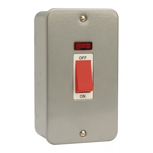 Scolmore CL203 Essentials Metalclad DP Control Switch With Neon, Red Rocker & Mounting Box On Large 2 Gang Vertical Plate 45A