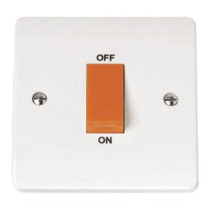Click CMA200 Mode White Moulded DP Control Switch With Red Rocker On 1 Gang Plate 45A