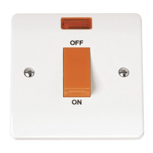 Click CMA201 Mode White Moulded DP Control Switch With Red Rocker With Neon On 1 Gang Plate 45A