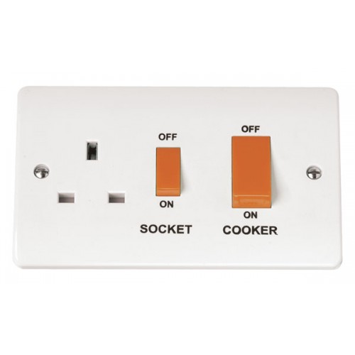 Click CMA204 Mode White Moulded Double Pole Cooker Control Unit With Main Isolation Switch + Red Rocker & 13A Switchsocket 45A