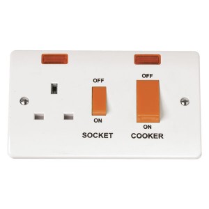 Click CMA205 Mode White Moulded Double Pole Cooker Control Unit With Main Isolation Switch + Red Rocker, 13A Switchsocket & Neons 45A