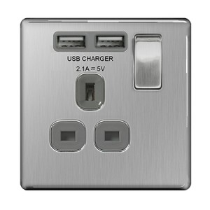 BG Electrical FBS21U2G Nexus Flatplate Brushed Steel Screwless 1 Gang Switched Socket With 2 x 2.1A USB Charging Sockets, Grey Insert & Dual Earth 13A