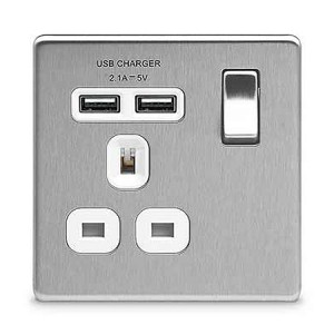 BG Electrical FBS21U2W Nexus Flatplate Brushed Steel Screwless 1 Gang Switched Socket With 2x 2.1A USB Charging Sockets, White Insert & Dual Earth 13A