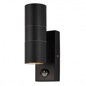 Forum Lighting ZN-29179-BLK Leto Black Steel External Up + Down Security Wall Light With 110° | 8m PIR - Requires 2 x GU10 Lamps IP44 2 x 35W GU10