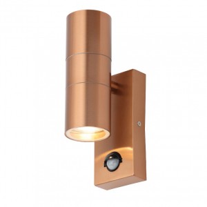 Forum Lighting ZN-29179-COP Leto Copper External Up + Down Security Wall Light With 110° | 8m PIR - Requires 2 x GU10 Lamps IP44 2 x 35W GU10 240V