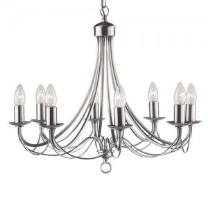 Searchlight 6348-8SS Maypole Satin Silver Dimmable Eight Light Suspended Ceiling Light With Decorative Curved Arms, Candle Sconces & Mounting Plate