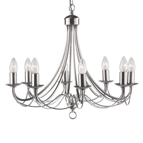 Searchlight 6348-8SS Maypole Satin Silver Dimmable Eight Light Suspended Ceiling Light With Decorative Curved Arms, Candle Sconces & Mounting Plate