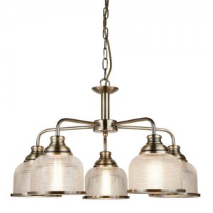 Searchlight 1685-5AB Bistro II Antique Brass Dimmable Five Light Suspended Ceiling Light With Textured Clear Dome Shaped Glass Shades & Mounting Plate