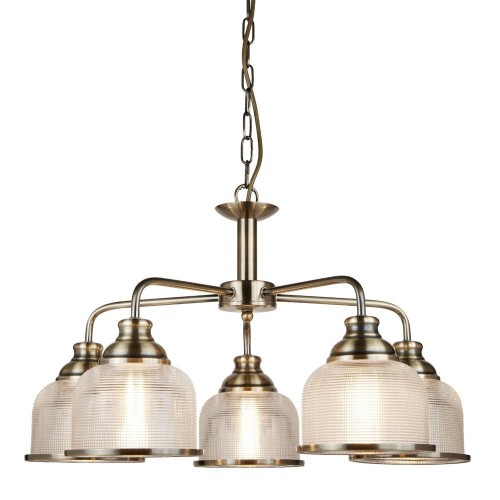 Searchlight 1685-5AB Bistro II Antique Brass Dimmable Five Light Suspended Ceiling Light With Textured Clear Dome Shaped Glass Shades & Mounting Plate