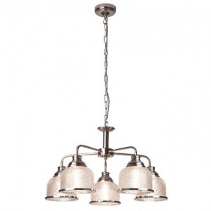 Searchlight 1685-5SS Bistro II Satin Silver Dimmable Five Light Suspended Ceiling Light With Textured Clear Dome Shaped Glass Shades & Mounting Plate