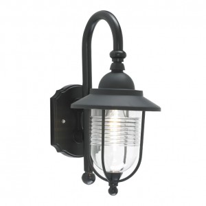 Zinc Lighting  ZN-20957-BLK Eris Black Aluminium Lantern Style Fishermans Down Wall Light With Curved Arm & Clear Diffuser - Requires Lamp IP44 42W