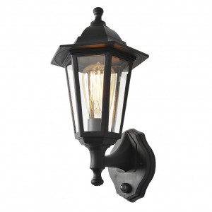 Coast Lighting CZ-25150-BLK Bianca Black All Polycarbonate Security Coach Lantern With 150° | 8m PIR, Clear 6 Panel Diffuser & Top/Bottom Arm Mounting