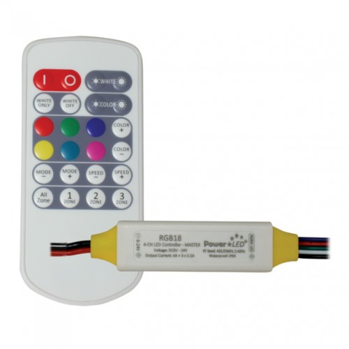 PowerLED RGB18 White Plastic Wireless RGBW LED Controller Kit With 4 Channel RGB + White Controller & Wireless Remote Keypad 2.5A 6-24Vdc