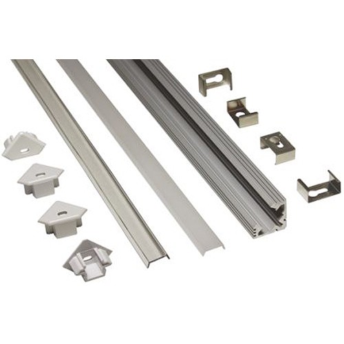 PowerLED EXT4 Silver Aluminium Corner Extrusion With 1x Clear Diffuser, 1 x Opal Diffuser, 4 x End Caps & Mounting Clips LED Flexible Strip Length: 1m