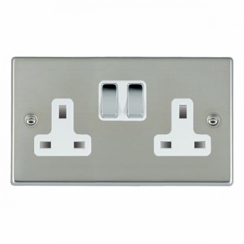 Hamilton Litestat 73SS2BC-W Hartland Bright Steel Raised Edge Screwed 2 Gang Double Pole Switched Socket With Bright Chrome Rockers & White Inserts