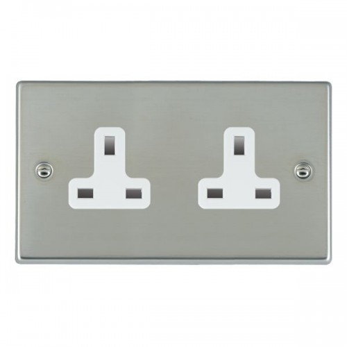 Hamilton Litestat 73US99W Hartland Bright Steel Raised Edge Screwed 2 Gang Unswitched Socket With White Inserts 13A