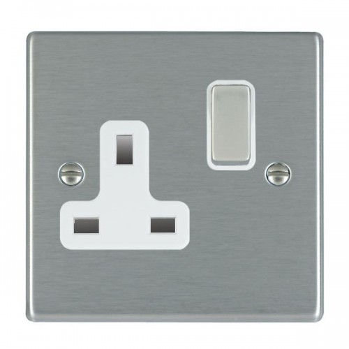 Hamilton Litestat 74SS1SS-W Hartland Satin Steel Raised Edge Screwed 1 Gang Double Pole Switched Socket With Satin Steel Rocker & White Insert 13A
