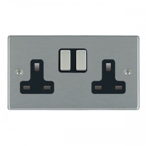 Hamilton Litestat 74SS2SS-B Hartland Satin Steel Raised Edge Screwed 2 Gang Double Pole Switched Socket With Satin Steel Rockers & Black Inserts 13A