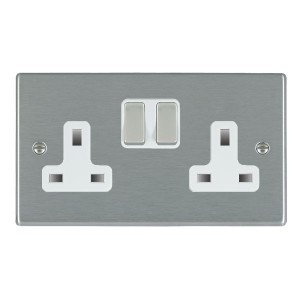 Hamilton Litestat 74SS2SS-W Hartland Satin Steel Raised Edge Screwed 2 Gang Double Pole Switched Socket With Satin Steel Rockers & White Inserts 13A