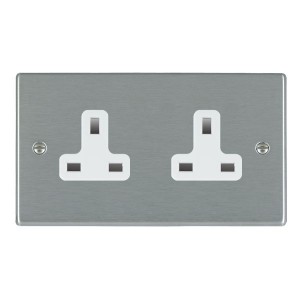 Hamilton Litestat 74US99W Hartland Satin Steel Raised Edge Screwed 2 Gang Unswitched Socket With White Inserts 13A