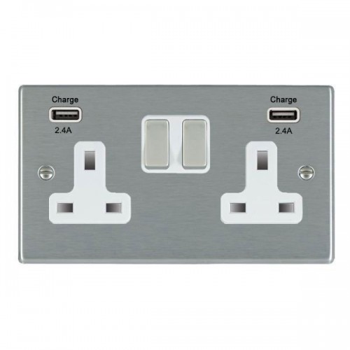 Hamilton Litestat 74SS2USBULTSS-W Hartland Satin Steel Raised Edge Screwed 2 Gang Single Pole Switched Socket With 2x 2.4A USB Sockets & White Inserts