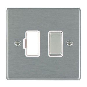 Hamilton Litestat 74SPSS-W Hartland Satin Steel Raised Edge Screwed Double Pole Switched Fused Connection Unit With Satin Steel Rocker & White Insert
