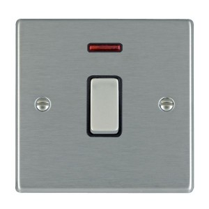 Hamilton Litestat 74DPNSS-B Hartland Satin Steel Raised Edge Screwed DP Control Switch With Neon, Satin Steel Rocker & Black Insert 20A