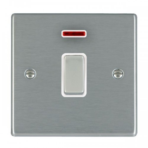 Hamilton Litestat 74DPNSS-W Hartland Satin Steel Raised Edge Screwed DP Control Switch With Neon, Satin Steel Rocker & White Insert 20A