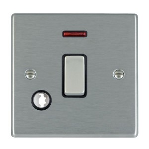 Hamilton Litestat 74DPNCSS-B Hartland Satin Steel Raised Edge Screwed DP Control Switch With Neon, Flex Outlet, Satin Steel Rocker & Black Insert 20A