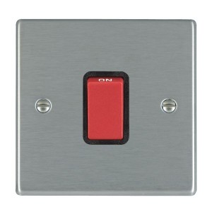 Hamilton Litestat 7445B Hartland Satin Steel Raised Edge Screwed DP Control Switch With Red Rocker & Black Insert On 1 Gang Plate 45A