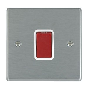 Hamilton Litestat 7445W Hartland Satin Steel Raised Edge Screwed DP Control Switch With Red Rocker & White Insert On 1 Gang Plate 45A