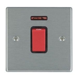 Hamilton Litestat 7445NB Hartland Satin Steel Raised Edge Screwed DP Control Switch With Neon, Red Rocker & Black Insert On 1 Gang Plate 45A
