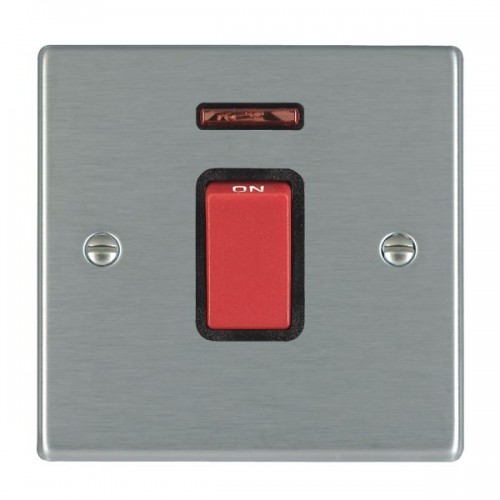 Hamilton Litestat 7445NB Hartland Satin Steel Raised Edge Screwed DP Control Switch With Neon, Red Rocker & Black Insert On 1 Gang Plate 45A