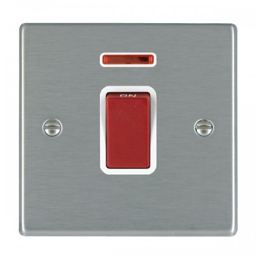 Hamilton Litestat 7445NW Hartland Satin Steel Raised Edge Screwed DP Control Switch With Neon, Red Rocker & White Insert On 1 Gang Plate 45A