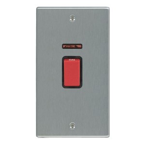 Hamilton Litestat 7445VB Hartland Satin Steel Raised Edge Screwed DP Control Switch With Neon, Red Rocker & Black Insert Large 2 Gang Vertical Plate
