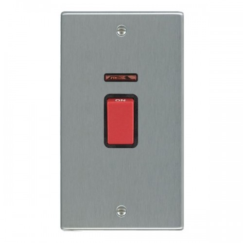 Hamilton Litestat 7445VB Hartland Satin Steel Raised Edge Screwed DP Control Switch With Neon, Red Rocker & Black Insert Large 2 Gang Vertical Plate