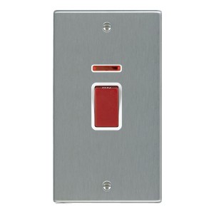 Hamilton Litestat 7445VW Hartland Satin Steel Raised Edge Screwed DP Control Switch With Neon, Red Rocker & White Insert Large 2 Gang Vertical Plate